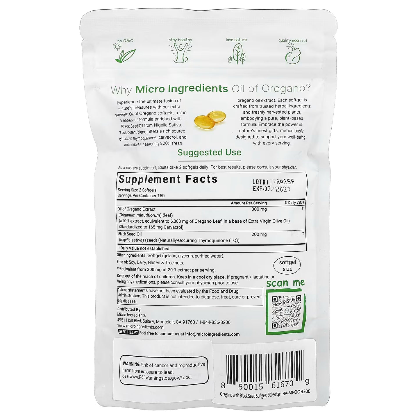 Micro Ingredients Oregano Oil with Black Seed Oil para defensa inmune fortalecida