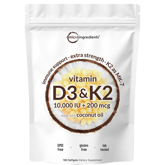 Micro Ingredients Vitamin D3 K2 en softgels para soporte óseo y fortalecimiento inmune